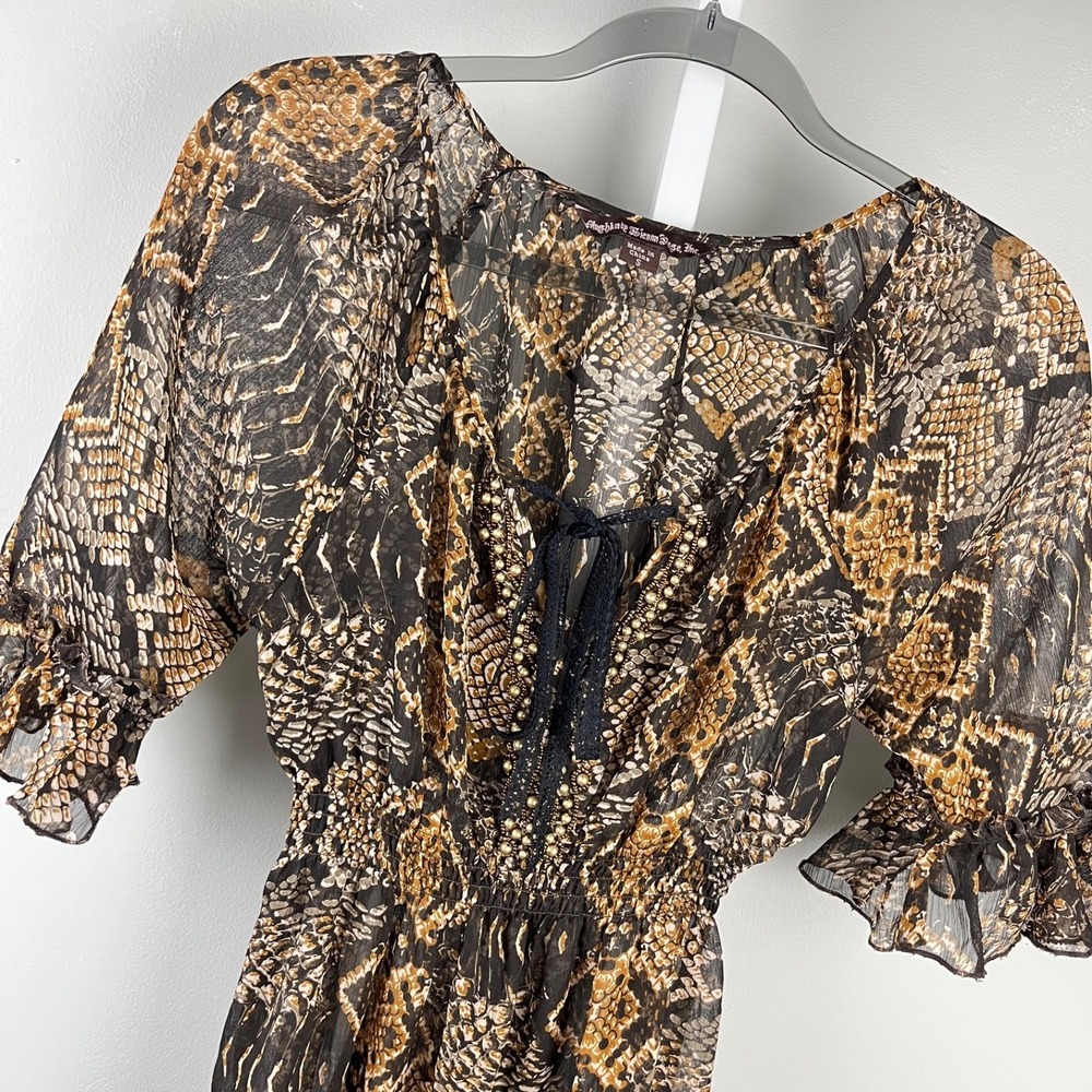 Mushka by Sienna Rose Top Womens S Brown Snakeskin Print Sheer Beaded Y2K Fairy